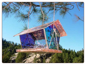 Copper and stained glass bird feeder