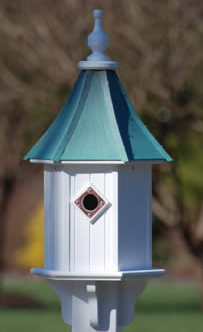 architectural copper roof birdhouse with single entry and verde finish