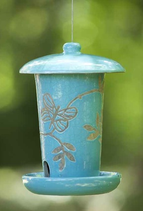 sky blue ceramic hopper bird feeder