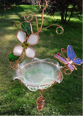 Stained Glass & Copper Mini Hanging Bird Bath  comes in six fun designs