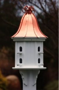 Bright Copper Roof Birdhouse with Curly Ribbon Accent