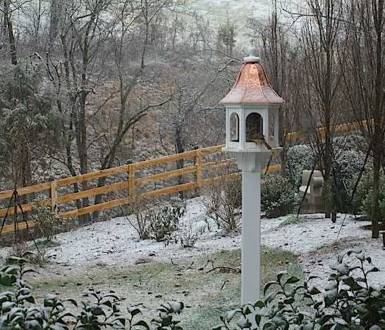 Copper Bird Feeder is picturesque on this snowy morning