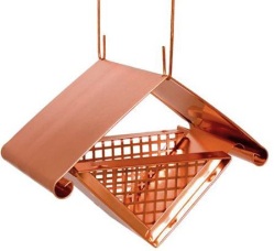 Cool copper bird feeder is for shelled peanuts, suet, fruit and more!