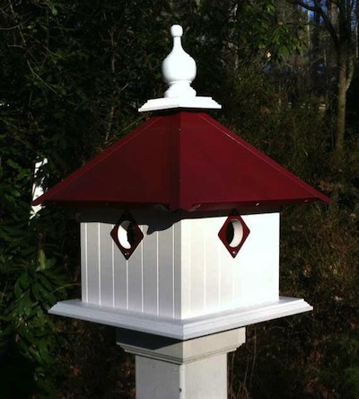 Vinyl/PVC construction and metal predator guards enhance these decorative bird houses