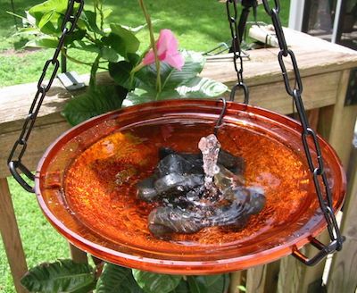 A solar bubbler makes an ordinary hanging bird bath extraordinary! 