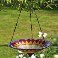 Hanging bird bath with tiffany painted glass