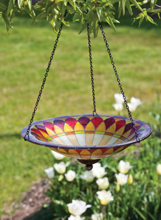 Tiffany Glass Hanging Bird Bath is perfect for the deck