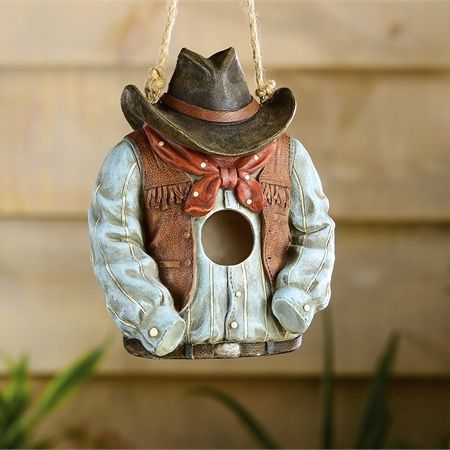 unique birdhouse is cowboy attire