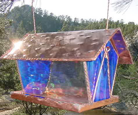 Copper Bird Feeder is carfted with stained glass