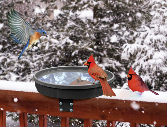 Deck mount heated birdbath in use